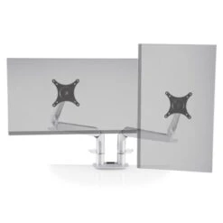 Dual EVO® Articulating Dual Monitor Arm -TechCore Sales Store evo d dual monitor arm landscape portrait metallic gray front view