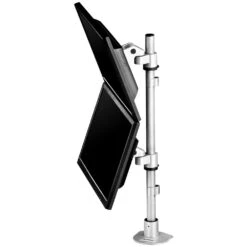 LS413D Dual Monitor Mount -TechCore Sales Store ls413 dual monitor stand side view two tilted screens attached to pole gray