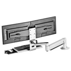 TRP2718D Data Entry Station: Dual Monitor Keyboard Arm -TechCore Sales Store trp2718d premium dual monitor arm keyboard tray system desk back metallic gray