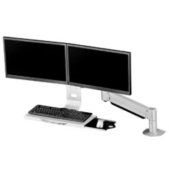 TRP2718D Data Entry Station: Dual Monitor Keyboard Arm -TechCore Sales Store trp2718d premium dual monitor arm keyboard tray system desk front gray